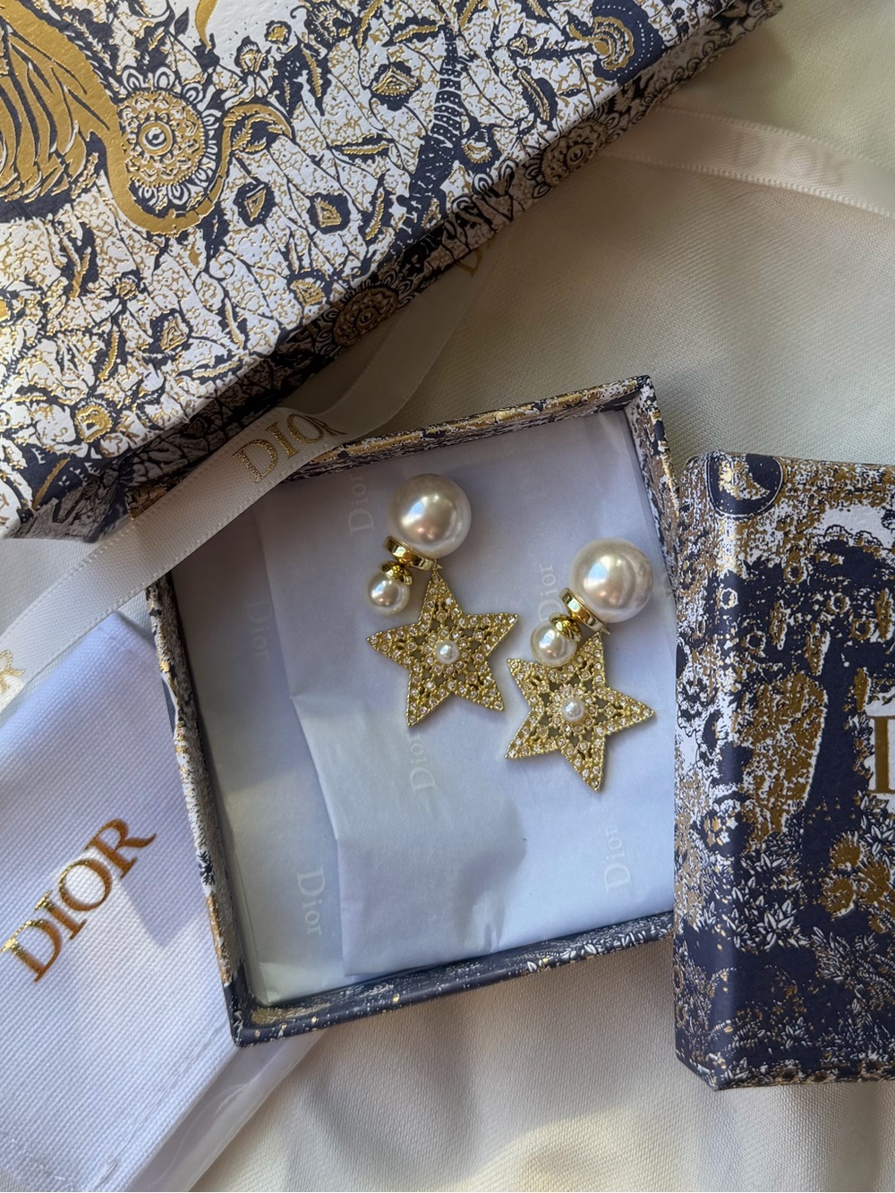 Dior Tribales Earrings with Pearl and Crystal Star Motif NEW with BAG